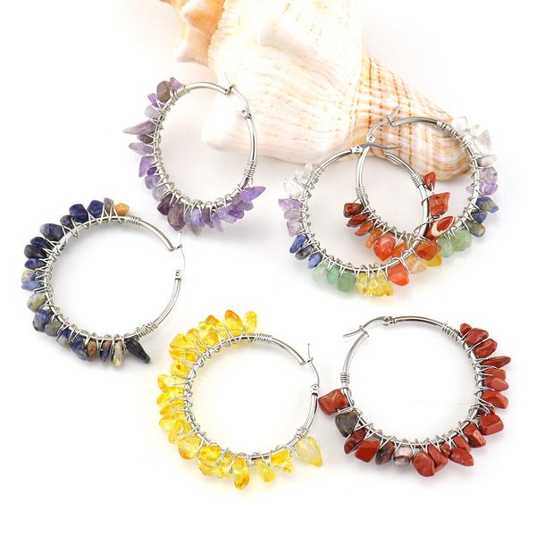 

natural stone big hoops earrings reiki healing rubble amethyst lapis lazuli tiger's eye quartz chakra crystal ear hoop, Golden;silver