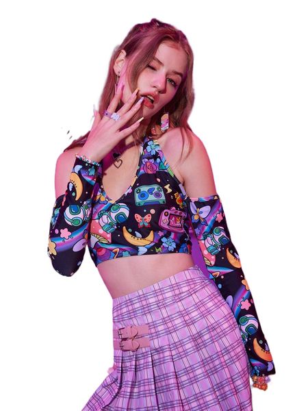 

romwe anime cartoon print tie back halter bikini s3se#, White;black