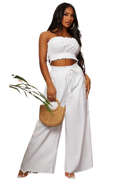 

sxy ruffle trim crop tube & tie paperbag waist wide leg pants l7if#, White