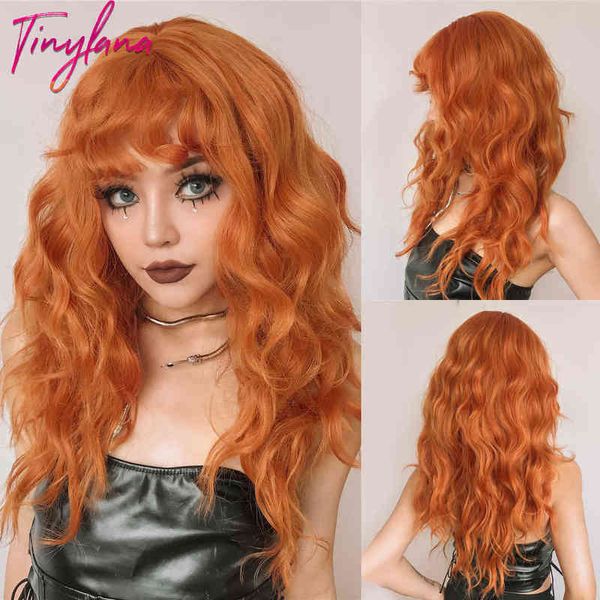 Peruca sintética de gengibre laranja perucas onduladas de água longa para mulheres com BRANGS Halloween Cosplay Party diariamente peruca resistente ao calor natural