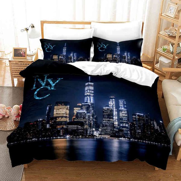 Set biancheria da letto con vista notturna di New York City, copripiumino matrimoniale king size, federa per piumino, morbide lenzuola tessili per la casa