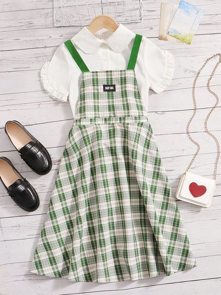 

girls flounce sleeve & tartan print patch detail overall dress she, White