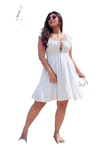 

plus lace up front shirred ruffle hem dress l7fr#, Black