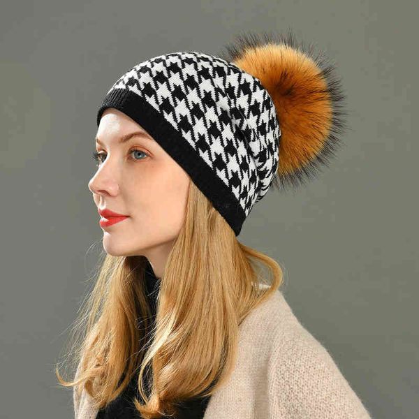 

women winter hats plaid wool beanie real big fur hats warm thick knitted hats fashion female j220722, Blue;gray