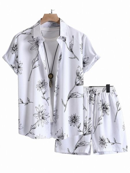 

men floral print shirt & shorts without tee p24b#, Gray