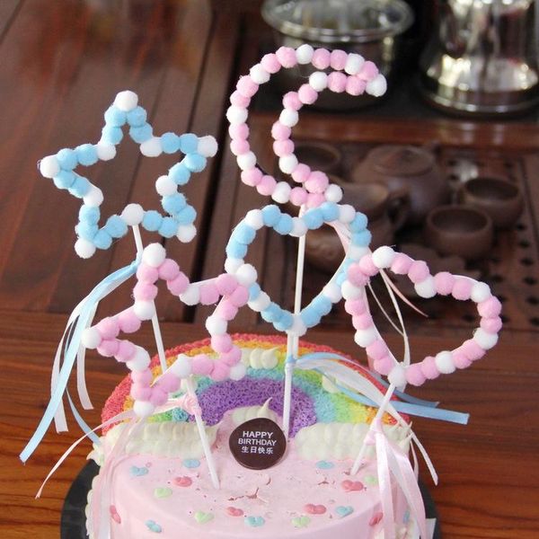 Altre forniture per feste festive 1Pc Moon Heart Star Hair Ball Cake Topper Buon compleanno Dessert Decorazione per baby shower Fai da te Top Bandiere Sup