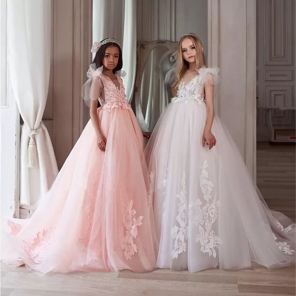 Neue klassische Appliqued Perlen Blumen Mädchen Kleider für Hochzeit V-Ausschnitt Pailletten Kleinkind Pageant Gowns Sweep Zug Tüll Backless Kids Prom Dress