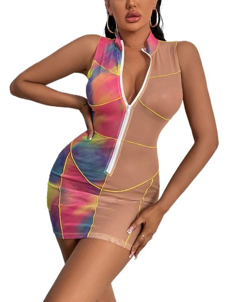 

sxy tie dye stitching zip front bodycon dress f5up#, Black;gray