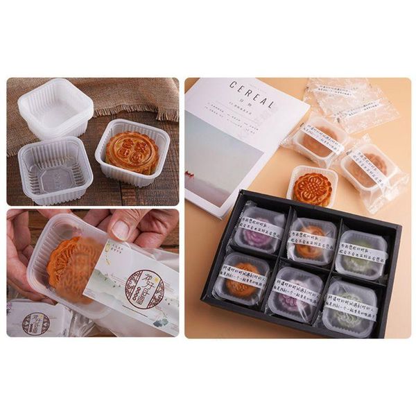 Hediye sargısı 100pcs Clear Square Moon Cake Tepsileri 50/63-80/100g Mooncake Paket Kutusu Konteyner Tutucu Ortam Sonbahar Festival Partisi Damgalı