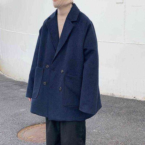 

men's wool & blends 2022 winter long woolen fashion loose in warm parkas solid color trench coats lapel collar cotton-padded clot t2208, Black