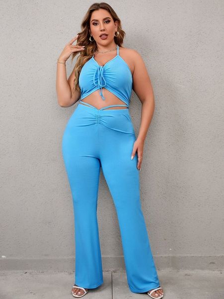 

plus drawstring tie backless halter & bootcut leg pants l0wf#, Black