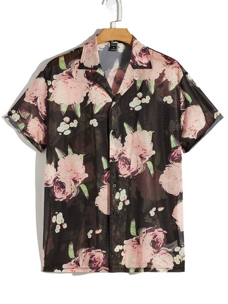 

men lapel neck floral print shirt p7bw#, White;black