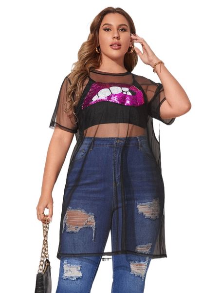 

plus lip sequin sheer mesh without camisole z1vv#, Black