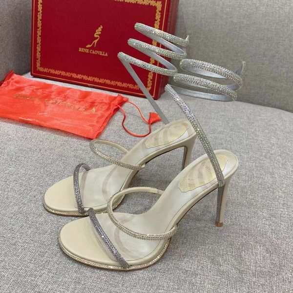 

rhinestone snake stiletto strass sandals rene caovilla cleo 95mm evening shoes women's high heels ankle wraparound luxury designer fact, Black