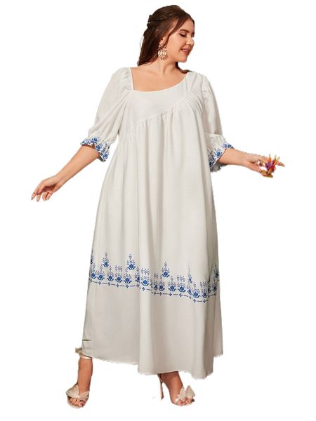 

plus geo & plant print flounce sleeve tunic dress w2hz#, Black