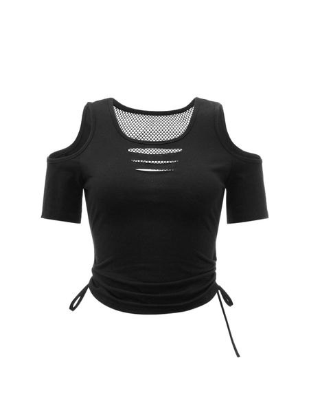 

cut out cold shoulder drawstring side contrast mesh back crop tee j1su#, White
