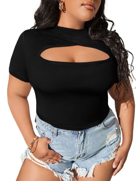 

sxy plus solid cut out stand neck tee k7dg#, Black