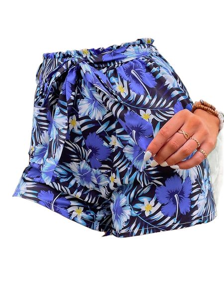 

tropical & floral paper bag waist belted shorts u2hm#, White;black