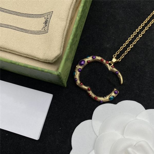 

retro colored rhinestone necklaces double letter colorful diamond necklace women chain gold pendant with gift box, Silver