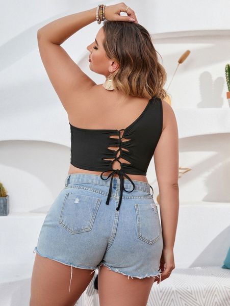 

plus one shoulder lace up back n6uh#, Black
