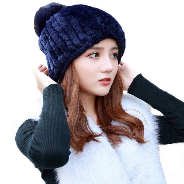 

rex rabbit hat women's high stretch winter yarn hat with fox fur ball, Blue;gray
