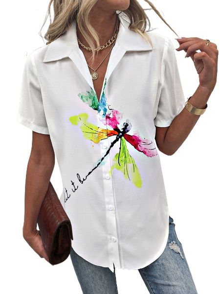 

letter & dragonfly print curved hem shirt j6z8#, White