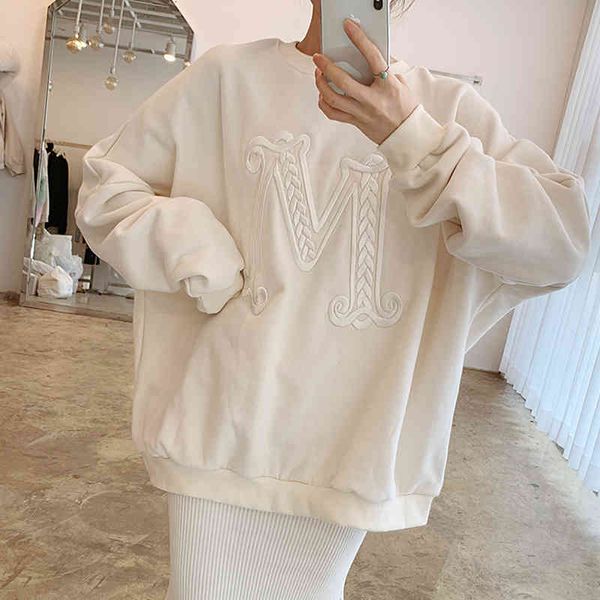 

women's hoodies & sweatshirts [ewq] korea chic casual trend women o neck letter embroidery fashion loose long-sleeved sweatshirt autumn, Black
