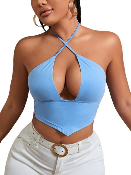 

sxy solid criss cross tie backless crop halter 32vt#, White
