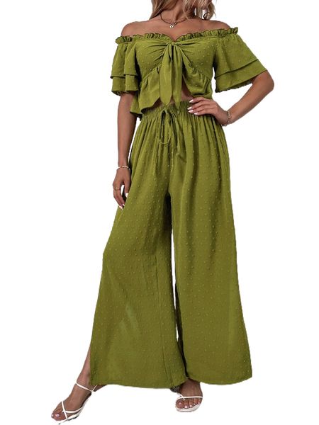 

swiss dot knot front crop & split thigh wide leg pants e4z8#, White