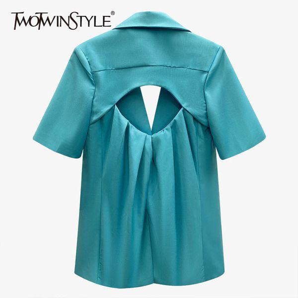 

hollow out blue blazer for women notched short sleeve minimalist casual blazers female fashion clothing 210423, White;black