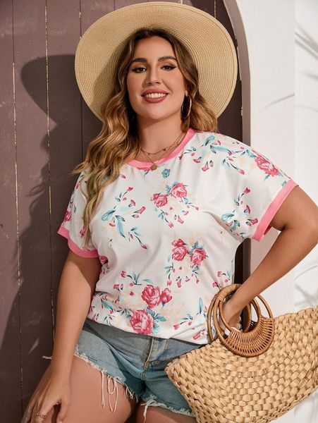 

plus floral print contrast binding batwing sleeve tee 18iu#, Black