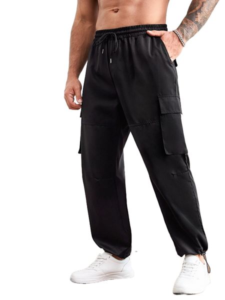 

extended sizes men flap pocket drawstring waist pants n5yg#, Black