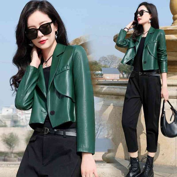 

women's leather & faux coat small woman 2022 spring and autumn thin korean slim high waist short leather jacket 4fee, Black