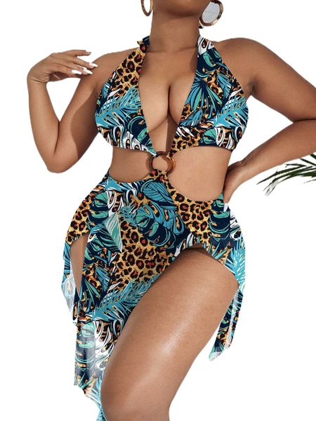 

plus leopard & tropical print ring linked one piece swimsuit r3ov#, White;black