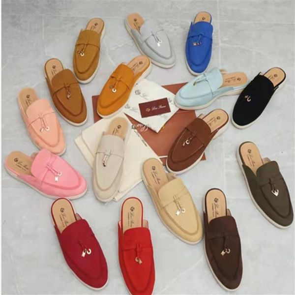 

loro piana summer charms embellished walk suede slippers luxe lounge mules shoes genuine leather casual slip-on flats for women lu206a, Black