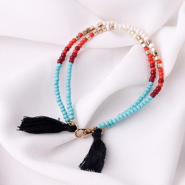 Cadeia de link Bohemian Black Tassel Bread Bracelet para mulheres coloridas charme de cristal de cristal Boho Jewelry Gift