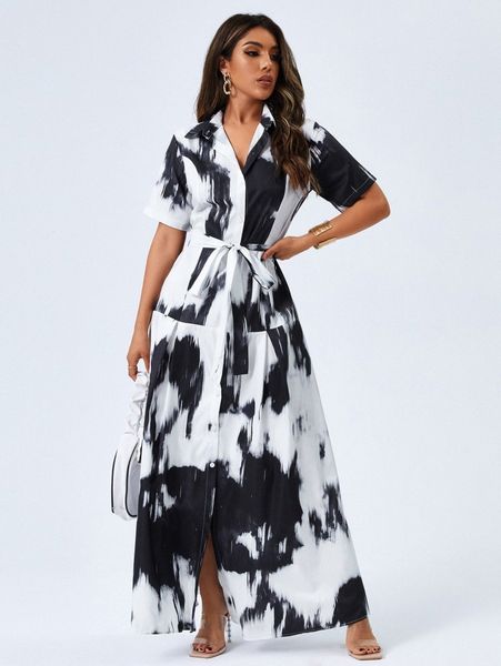 

button front belted tie dye dress b7dp#, Black;gray