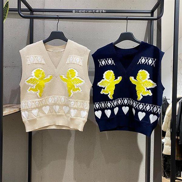 

spring 2021 cartoon bear v-neck knitted vest women's loose sweater print oversized korean sleeveless waistcoat277l, White;black