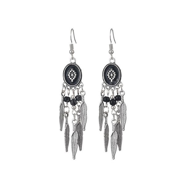 

retro oval alloy silver color earrings for women indian tribe antique leaf tassel dangle hanging earrings party jewelry gifts