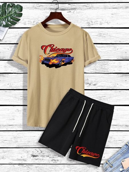 

men car and letter graphic tee & drawstring waist shorts w663#, Gray