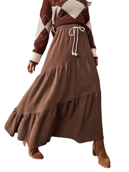 

luukse drawstring waist ruffle hem skirt 97ks#, Black