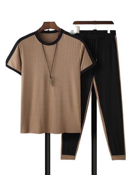 

men colorblock tee & drawstring waist pants j5xo#, Gray