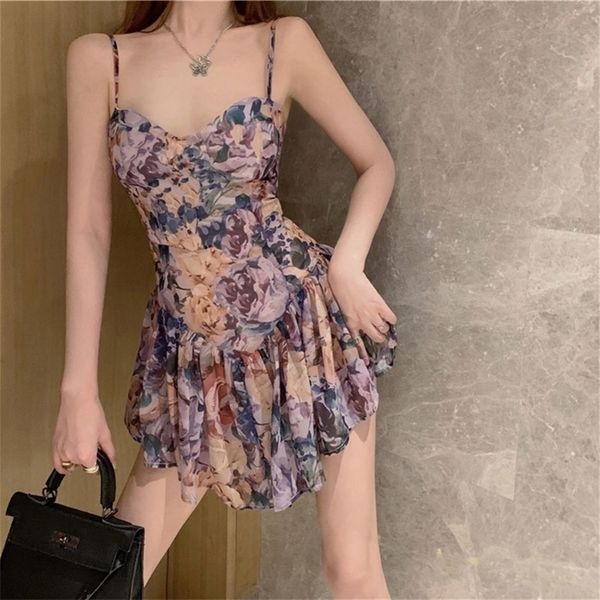 

summer mini slip dress korean fashion sundress floral casual ruched beach dress patchwork women clothing strap dress 220520, Black;gray