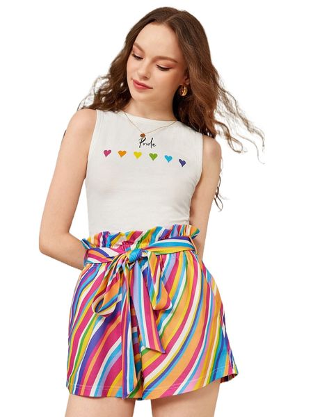 

x debra valencia heart & letter graphic tank & block striped paperbag waist belted shorts h3vs#, White