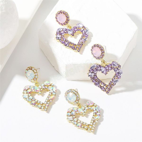 

luxury purple full rhinestone drop earrings for women wedding bridal love heart pendant dangle earring ear jewelry, Silver