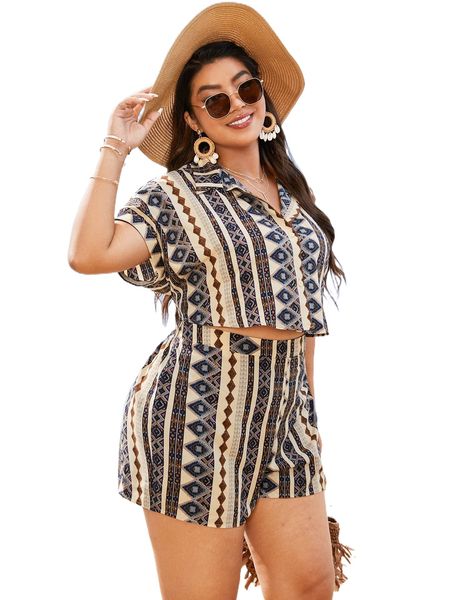 

plus geo print batwing sleeve crop blouse & shorts o3x8#, Black