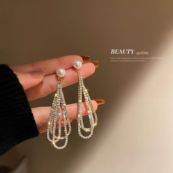 

925 silver stud rhinestone-encrusted pearl tassel earrings korean fashion drop-shaped long earrings fairy temperamental eardrop for women, Golden