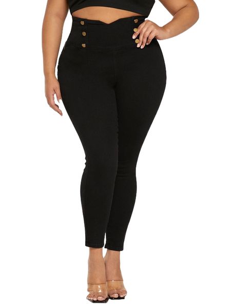 

plus wide waistband button detail skinny jeans 09om#, Blue