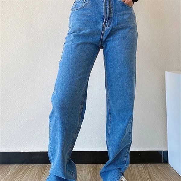 

women's pants straight leg jean high waist slim loose autumn winter casual split washed mom fashion trousers 220423, Blue