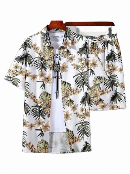 

men random tropical print shirt & drawstring waist shorts without tee l5yb#, Gray